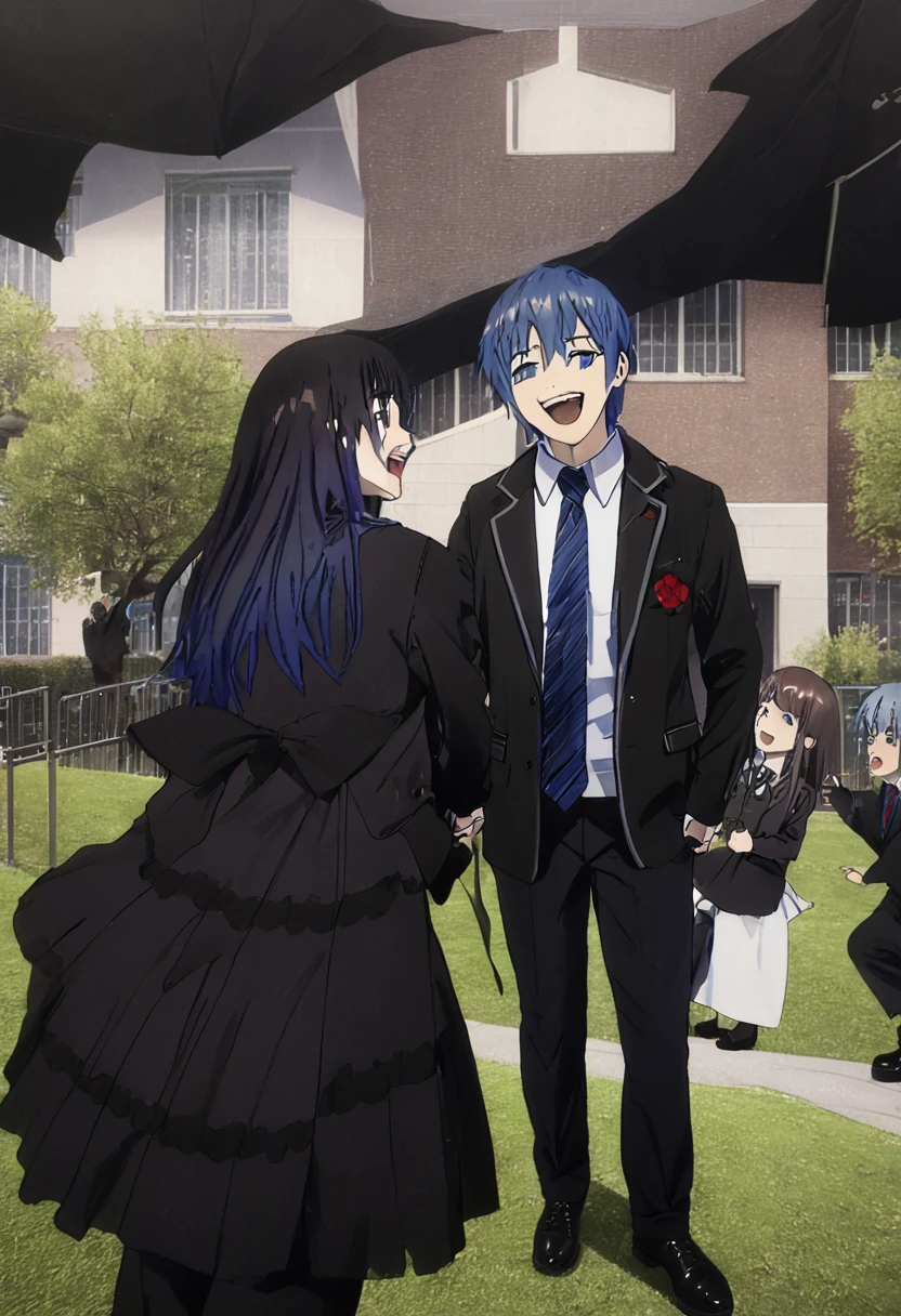 masterpiece, best quality, ((dynamic_angle)),outdoors,
1 girl solo,((medical))_eyepatch,red_eyes,loose_hair,very_long_hair,gothic_lolita,hair_flower,glowing_eyes,floating_hair,smile,
(itsuka shido, 1boy, blue hair, upper body, expressive eyes, school uniform, Black jacket, white shirt, black pants, blue tie, smile, open mouth), He stares at the viewer while shaking his hand towards the viewer.