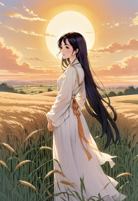a woman with long black hair and white dress is standing in wheat meadow, looking at sun set, manga style, digital art, by Marsh...