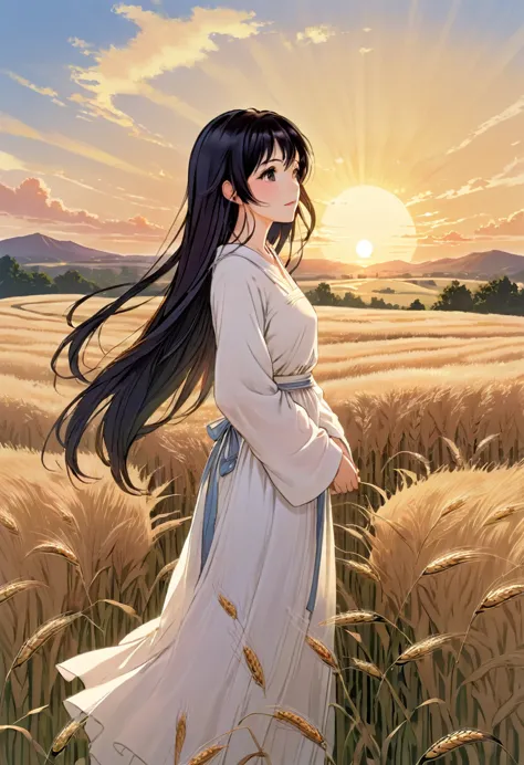 a woman with long black hair and white dress is standing in wheat meadow, looking at sun set, manga style, digital art, by Marsh...