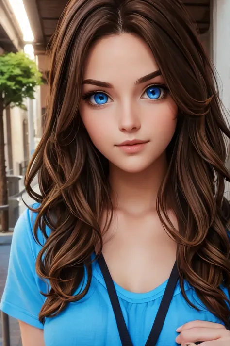  blue eyes, medium wavy hair, light brown hair, 