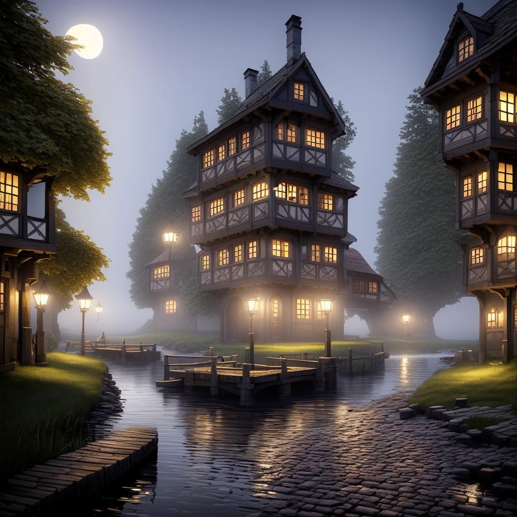 (masterpiece:1.2), (best quality,:1.2), 8k, HDR, ultra detailed, ((photorealistic)), professional light, cinematic lighting, fashion photography, ambient lighting,background, a medieval town at a lake, moonlight, fog, FanSe, DarkFantasy, epiCPhoto