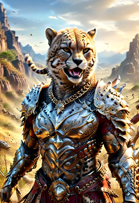 a close up portrait of male (cheetah anthomorph: 1.5) as barbarian warrior, muscled (cheetah anthomorph: 1.5), wearing leather a...