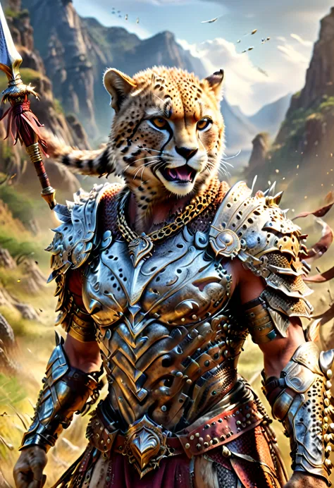 a close up portrait of male (cheetah anthomorph: 1.5) as barbarian warrior, muscled (cheetah anthomorph: 1.5), wearing leather a...