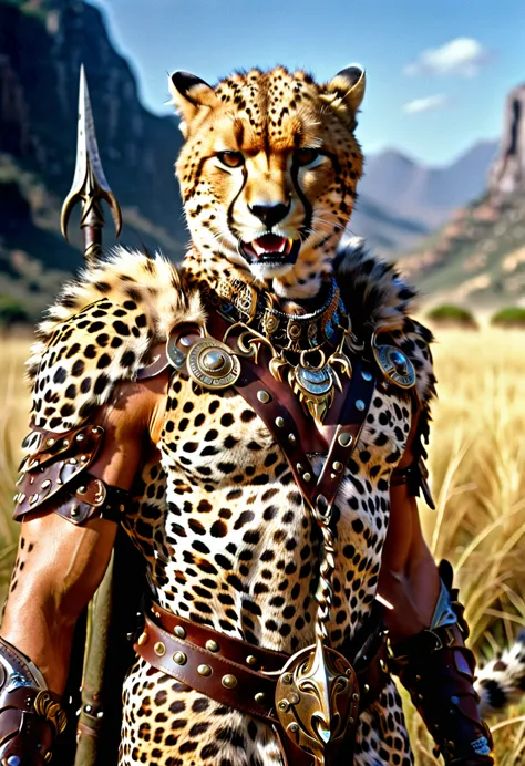 a close up portrait of male  (cheetah anthomorph: 1.5) as barbarian warrior, muscled  (cheetah anthomorph: 1.5), wearing leather...