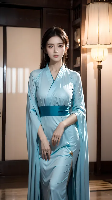 (masterpiece, best quality:1.2),1girl,hanfu,front，standing，（whole body：1.5），dynamic poses，bright eyes，bright eyes，put your hands...