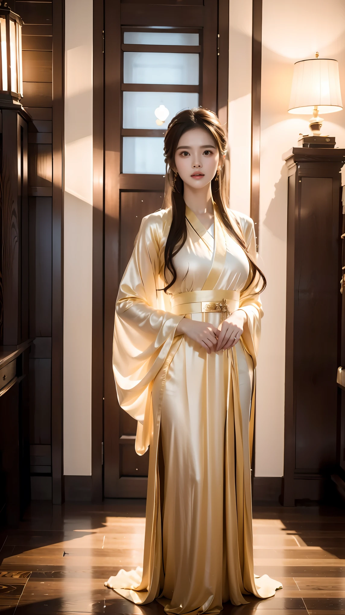 (masterpiece, best quality:1.2),1girl,Hanfu,front，Standing，（whole body：1.5），Dynamic poses，Bright eyes，Bright Eyes，Put your hands on your chest，