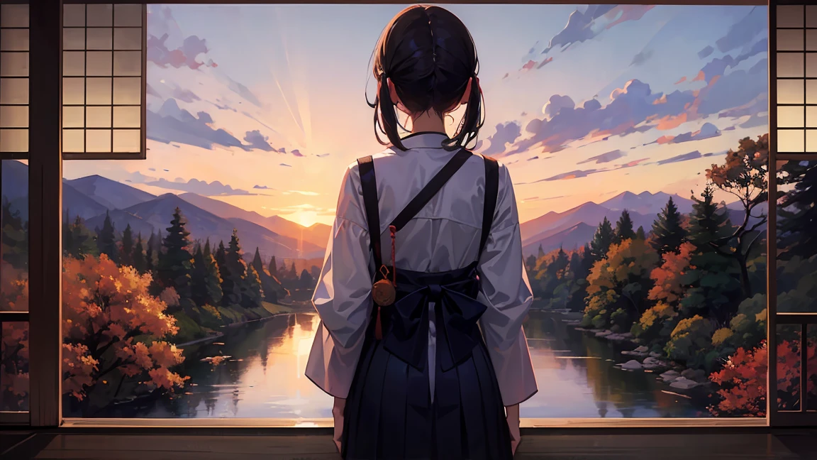 Autumn evening、The back of a girl standing in the distance、Japanese style、Japanese Landscape、Transparency、Emotional