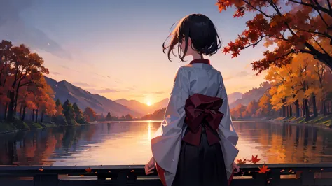 autumn evening、the back of a girl standing in the distance、japanese style、japanese landscape、transparency、emotional