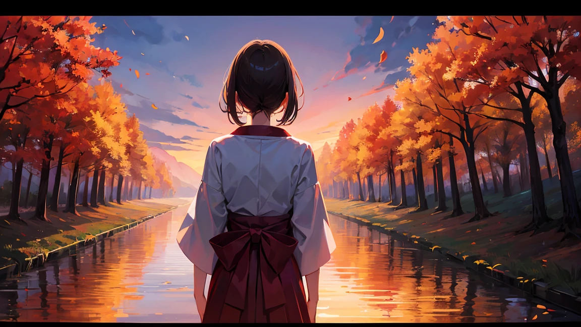 Autumn evening、The back of a girl standing in the distance、Japanese style、Japanese Landscape、Transparency、Emotional