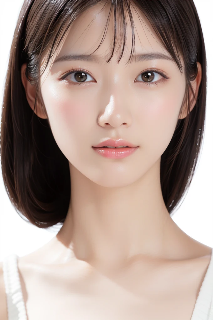 (Highest quality, Tabletop, 8k, Best image quality, ultra high resolution, realisitic, Photorealsitic), (Face close-up:1.2), (Pure white background:1.2), Closed lips, Perfect beautiful face, Glowing Beautiful Skin, Perfect Makeup