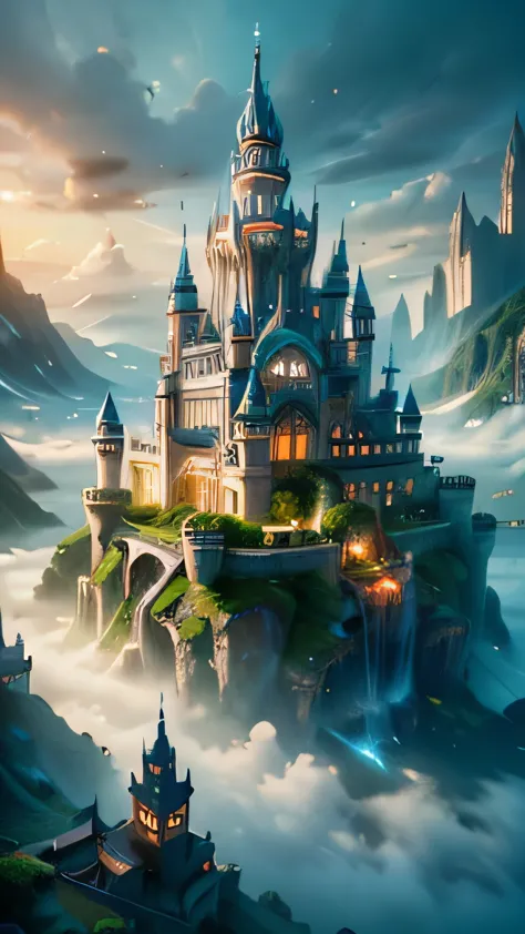 super fine illustration, top quality, floating castle, majestic architecture, detailed towers, surrounded by clouds, bright blue...