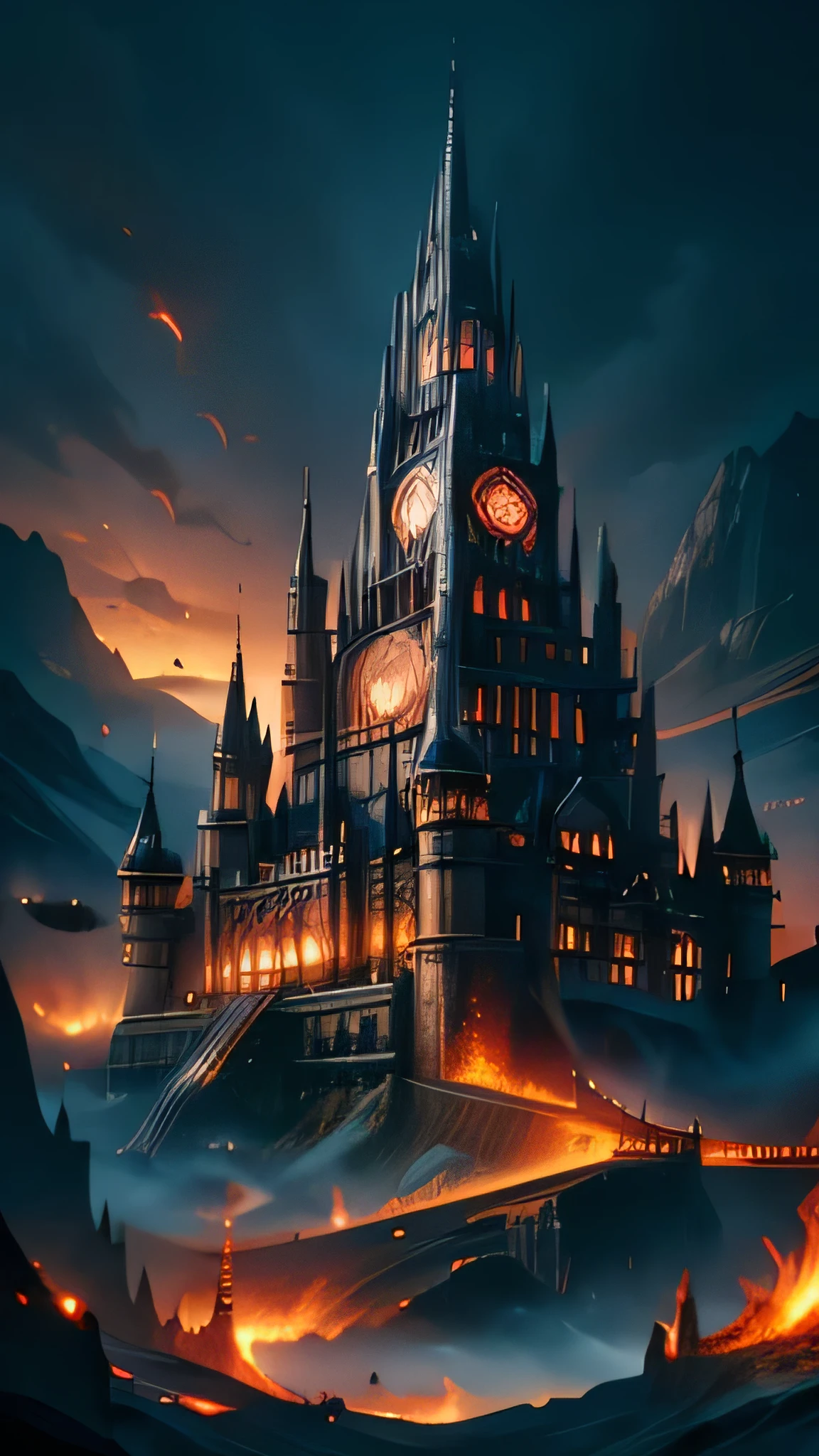 super fine illustration, top quality, castle engulfed in flames, towering spires, intense fire, dark smoky sky, glowing embers, detailed architecture, fierce heat, dramatic lighting, vibrant colors, ominous atmosphere, fantasy style, intricate details, destructive scene, powerful imagery