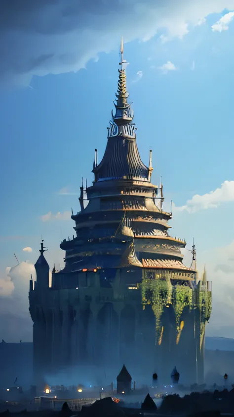 super fine illustration, top quality, wind castle, ethereal architecture, swirling clouds, dynamic air currents, floating struct...
