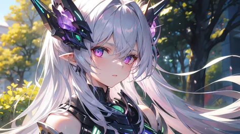 ((Silver Hair)), Very detailed顔と目, Very long hair, jewelry, Purple Hair Band, Long pointy ears, anime, masterpiece, Textured ski...