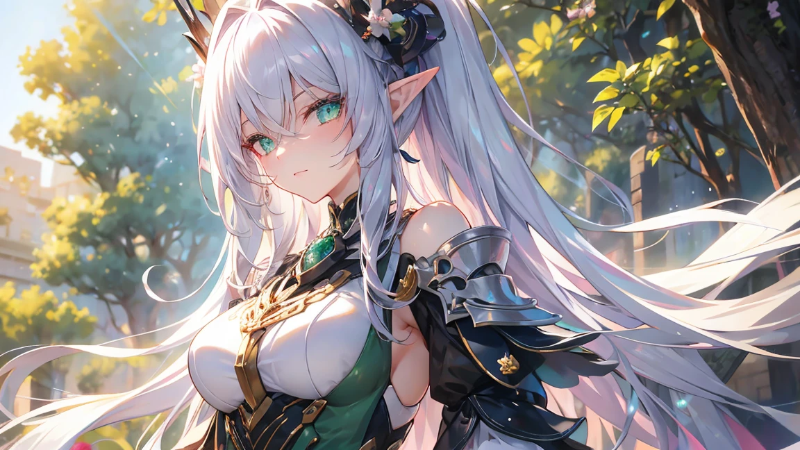 ((Silver Hair)), Very detailed顔と目, Very long hair, jewelry, Purple Hair Band, Long pointy ears, anime, masterpiece, Textured skin, (Very detailed), Awards, (Highest quality), Fairy, in the forest, wood々The sunlight shines in, (Green Dress:1.4), whole body, Beautiful legs, hunting, Bow and Arrow, eyeball, tsurime, Variegated eyes, Bust Shot