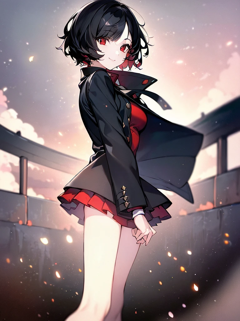 (masterpiece, highest quality, highest quality, (No text), Beautiful and aesthetic:1.2),No text,アニメ、 BREAK,One Girl，Short black hair　Red eyes　Beauty　cool　smile　Black Coat　mini skirt　whole body　Night view