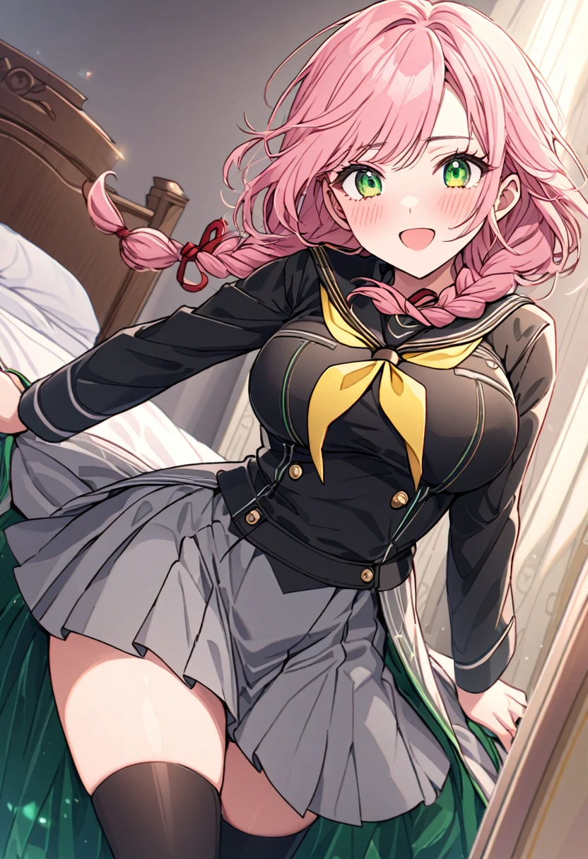 The image is of a beautiful woman wearing a tight fitting uniform. The woman has long flowing pink hair with strands of braided hair tied with red ribbon throughout. She has gorgeous green eyes that shine like emeralds. Her face is youthful and gorgeous. Her breasts are ample and seem too large for her uniform. She is short in height but well developed -a short stack. She blushes as you look at her. She's standing in your bedroom and is excited to be with you. The image is ultra detailed with gorgeous colors, perfect line work, and detailed shading. YasogamiFemaleWinter, black shirt, long sleeves, black sailor collar, yellow neckerchief, grey skirt, black thighhighs