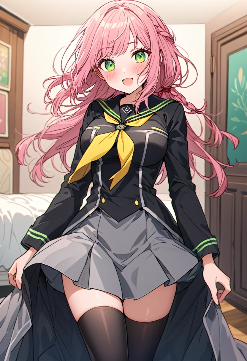 The image is of a beautiful woman wearing a tight fitting uniform. The woman has long flowing pink hair with strands of braided hair tied with red ribbon throughout. She has gorgeous green eyes that shine like emeralds. Her face is youthful and gorgeous. Her breasts are ample and seem too large for her uniform. She is short in height but well developed -a short stack. She blushes as you look at her. She's standing in your bedroom and is excited to be with you. The image is ultra detailed with gorgeous colors, perfect line work, and detailed shading. YasogamiFemaleWinter, black shirt, long sleeves, black sailor collar, yellow neckerchief, grey skirt, black thighhighs