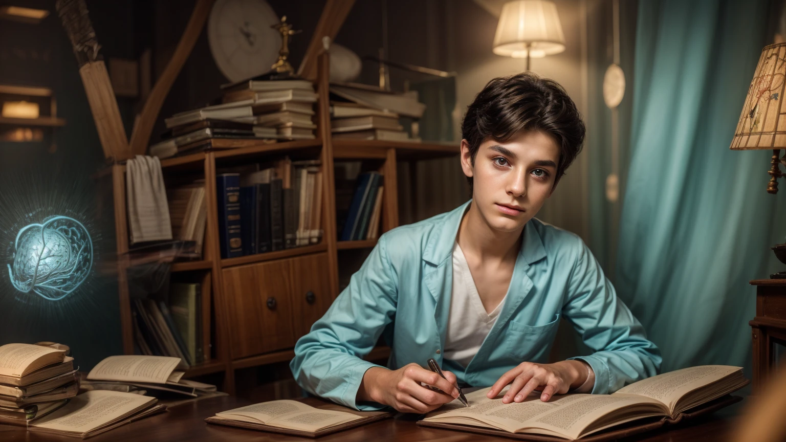 A young male twink boy, cute, beautiful, feminine, with a beautiful face with makeup, black hair, and his eyes have dark circles under them. He is wearing a long-sleeved aquamarine shirt and white jeans. He is in the College of Medicine, studying on the blackboard with brain anatomy written on it. He is sitting at a desk with scientific books on it.  Medical and brain anatomy manuscripts