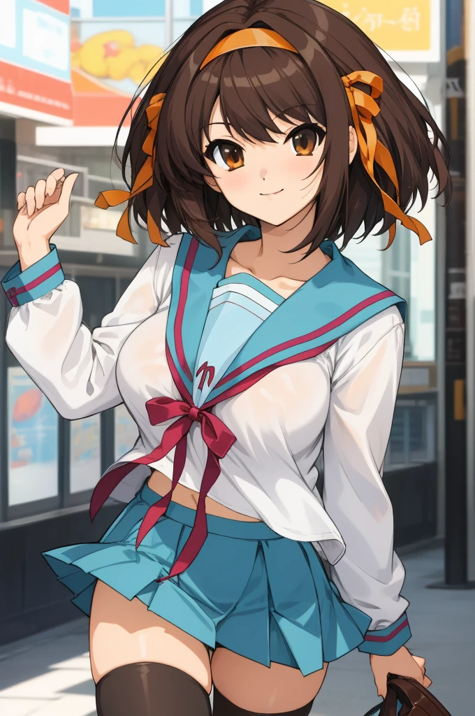 ,outdoors,1girl,solo,cowboy shot,looking at viewer,facing viewer,smile,Suzumiya Haruhi,medium hair,brown hair,hair intakes,orange hairband,hair bow,orange bow,hair ribbon,orange ribbon,hair ornament,sidelocks,diagonal bangs,brown eyes,kita high ,collarbone,blue sailor collar,serafuku,neck ribbon,red ribbon,red bow,white shirt,long sleeves,large breasts,skindentation,shirt tucked in,miniskirt,blue skirt,zettai ryouiki,black thighhighs,loafers,big breasts,