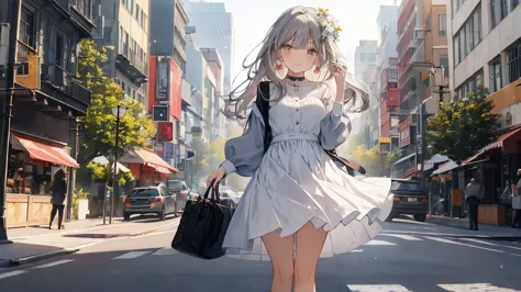 (masterpiece:1.2), Highest quality,Pixiv,pretty girl , 1 Girl, flower, cup, have, Bob Hair, Gray Hair, bag, High heels, food, je...