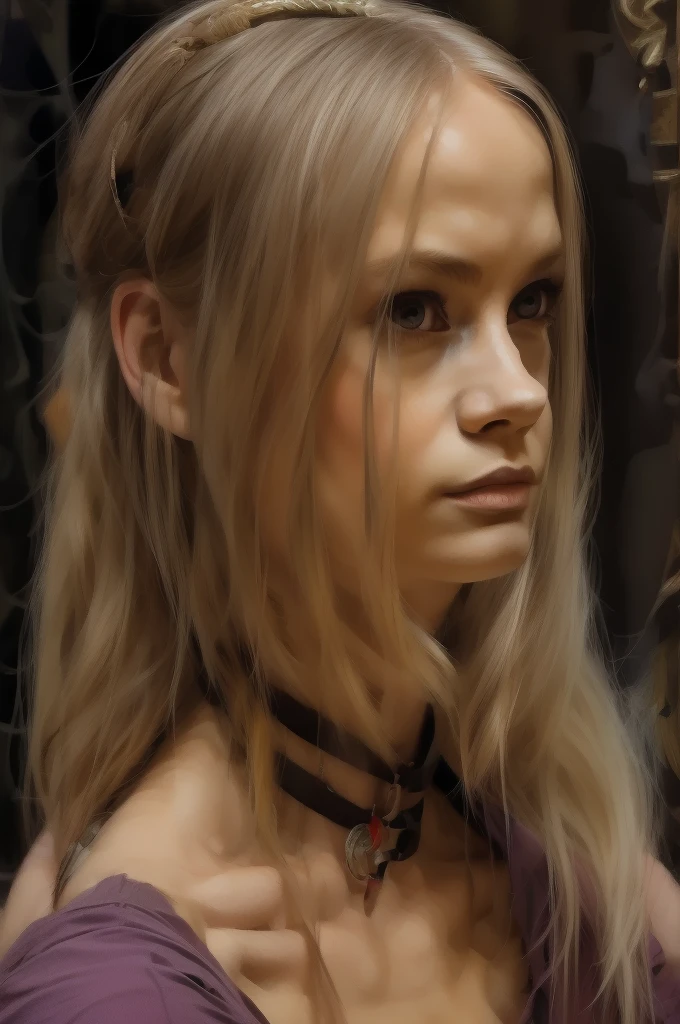 obra de arte, pintura detalhada de Guinwen como uma garota nua,desenho realista, cara bonita, Rosto de Guinwen, olhos lindamente detalhados, muito detalhado, cabelo loiro, cabelo loiro, olhos cinzentos, cintura visível, seios muito grandes, seios naturais, seios flácidos, aréolas enormes, aréolas claras, linha do cabelo, Medieval, Retrato, gaiolas, corpo todo, pescoço de tamanho médio