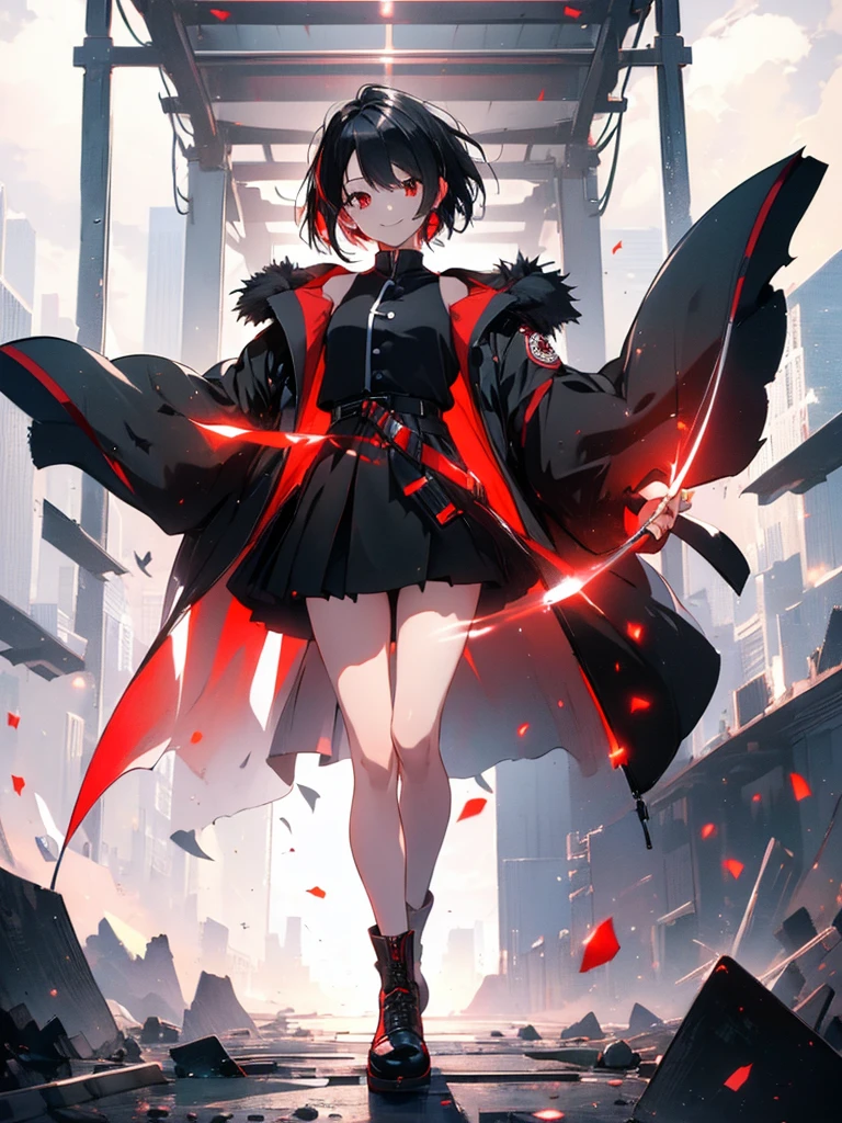 (masterpiece, highest quality, highest quality, (No text), Beautiful and aesthetic:1.2),No text,アニメ、 BREAK,One Girl，Short black hair　Red eyes　Beauty　cool　smile　Black Coat　mini skirt　whole body　Night view
