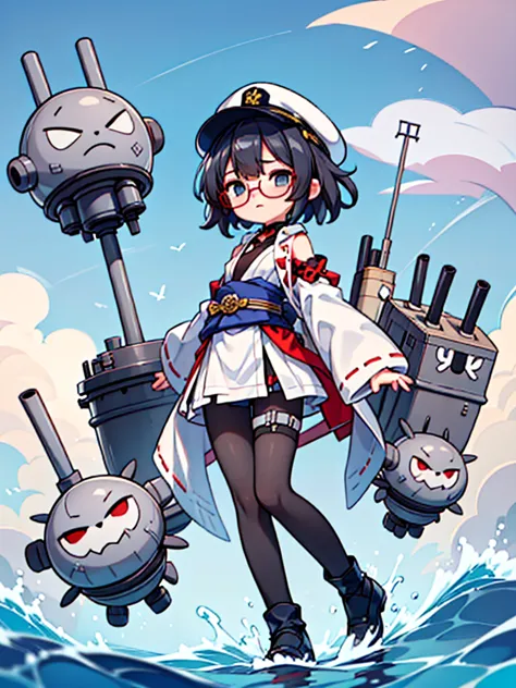 ((((Full body of a woman with perfect flat chest、Short unkempt black hair、white military jacket、Miko costume、tights、Black glasse...