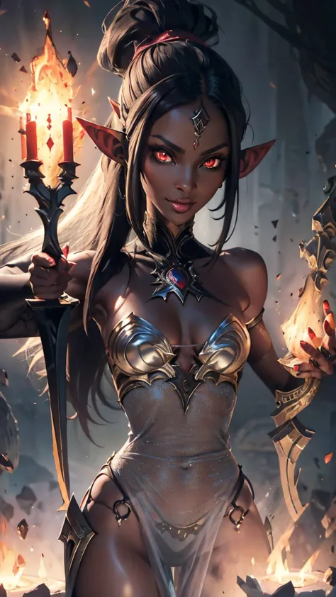 Full body, 1woman, 30 years old, sexy queen of hell, busty, A beautiful athletic dark elf, fit body, elven ears, dark skin, Grey...