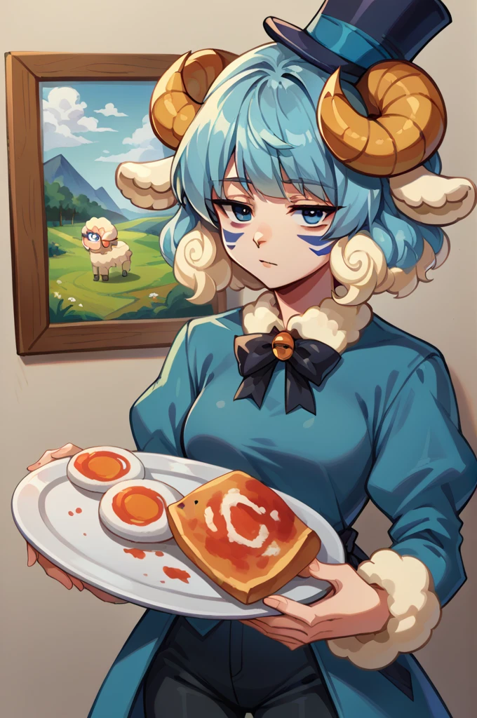 a result_9, a result_8_higher, a result_7_higher, 1girl, Single, NSWeresheepMGE, Blue eyes, Medium hair, Sharp explosions, Sheep horns, Sheep ears, Art studio background, He holds a plate, blue top hat, facepaint, painting, Looking at the viewer, blue hair 