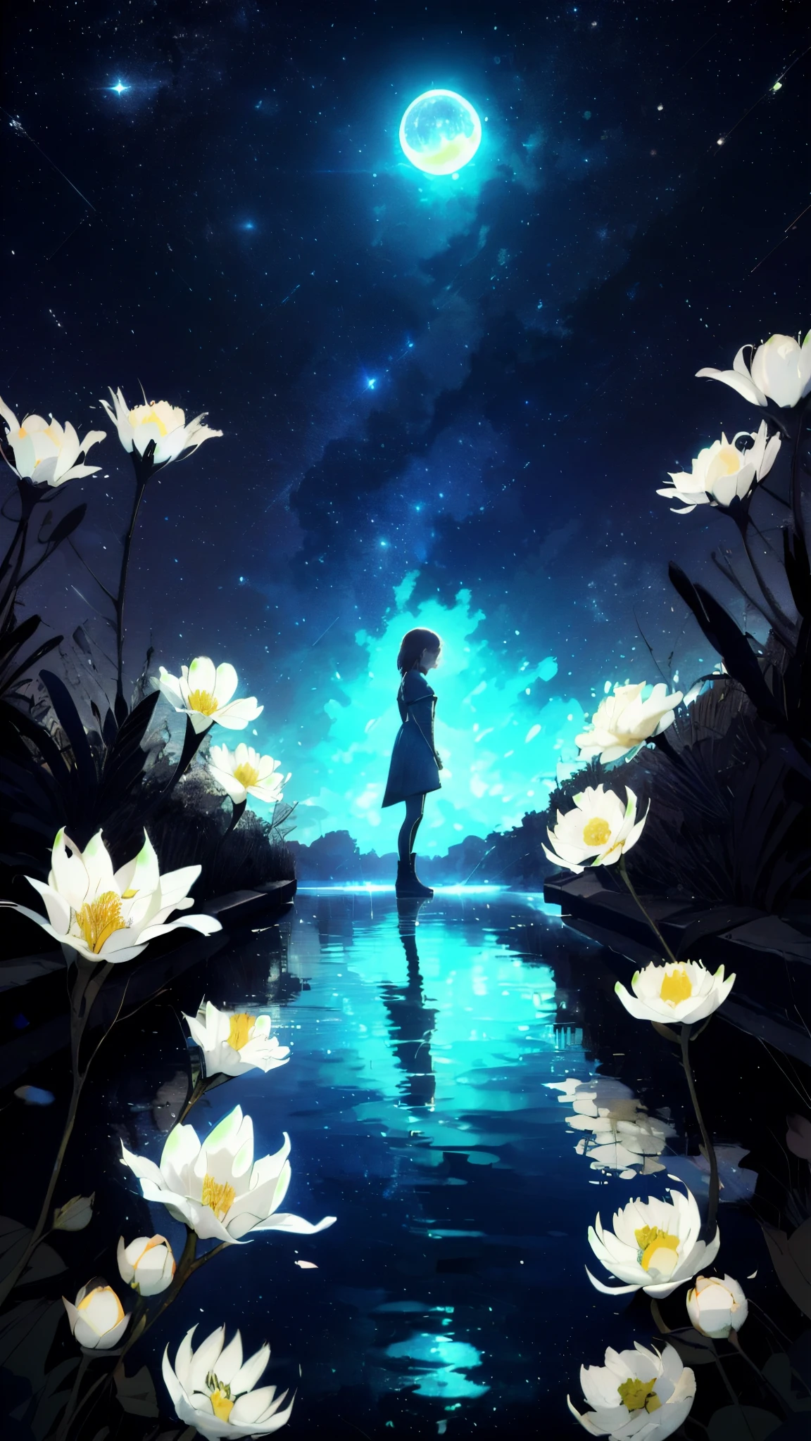 A girl, Solitary, Stand on the water, Reflective surface, , Cat ear, (poster:0.76), (Palm leaves),  White flowers, (Blue light glow:1.2), night, Dark theme, Starry Sky, dream，moonlight