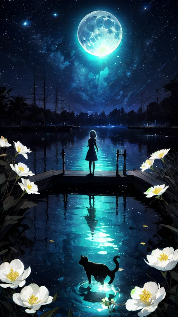 A girl, Solitary, Stand on the water, Reflective surface, , Cat ear, (poster:0.76), (Palm leaves),  White flowers, (Blue light glow:1.2), night, Dark theme, Starry Sky, dream，moonlight