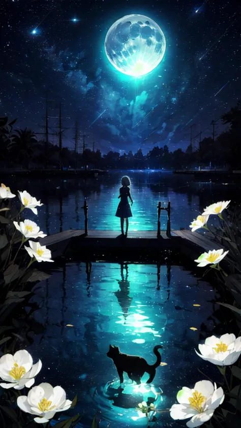 A girl, Solitary, Stand on the water, Reflective surface, , Cat ear, (poster:0.76), (Palm leaves),  White flowers, (Blue light g...