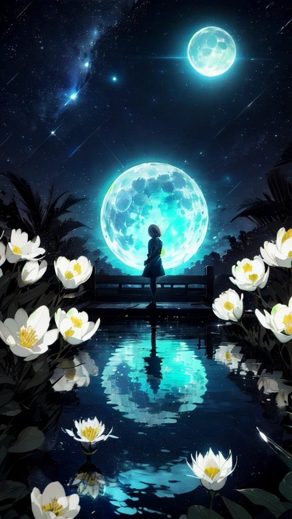 A girl, Solitary, Stand on the water, Reflective surface, , Cat ear, (poster:0.76), (Palm leaves),  White flowers, (Blue light glow:1.2), night, Dark theme, Starry Sky, dream，moonlight