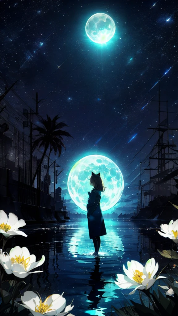 A girl, Solitary, Stand on the water, Reflective surface, , Cat ear, (poster:0.76), (Palm leaves),  White flowers, (Blue light glow:1.2), night, Dark theme, Starry Sky, dream，moonlight