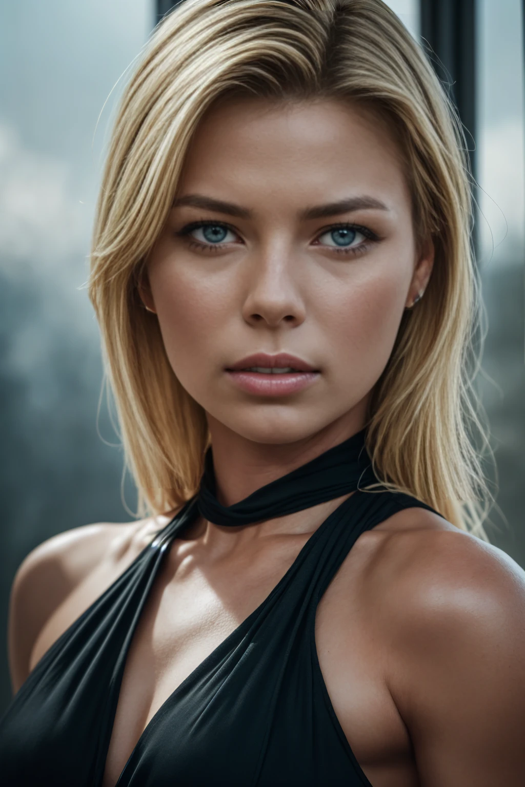 An amazing portrait of a stunning American woman, (40 years old:1.5), tall, voluptuous, hourglass figure, shoulder length messy hair, (blonde:1.5), (face of Rebecca Romijn:1.6), dressed in cute ruched halter dress, detailed eyes, detailed hair, stunning facial feature, sweet smile, Perfect eyes, ultra realistic eyes, perfect face, perfect body, cinematographic, color analog film photo, Realistic hair, ((perfect face)), full photo of a sexy beautiful girl, Photograph, photorealistic, Evocative pose, ((Beau)), pose sexy, (Looking at the viewer), germ of art, cinematographic lighting, very high detail, foggy background, photo on Fujifilm Superia 400, Low light, 32K, cinematographic composition, professional calibrations, Film grain, Atmosphere, Wonderful , very stormy. faded film, desaturated, 35mm photo, grainy, vignette, Old, kodacromo, lomography, colored, Very detailed, Images found, Film grain, photography, photoshoot, cinematographic lighting, volumetric lighting, incredibly detailed, hot, sexy, very attractive, super model, (photorealistic:1.3), (of the highest quality:1.3), (Film grain:1.3), (world's best photography:1.3), (professional Photo:1.3), (detailed details:1.3), (cinematographic light:1.3), (cinematographic color:1.3), maximum depth of field, film photography, (intricate details:1), (hyperdetailed:1), heart-shaped pupils.