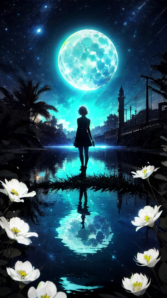 A girl, Solitary, Stand on the water, Reflective surface, , Cat ear, (poster:0.76), (Palm leaves),  White flowers, (Blue light glow:1.2), night, Dark theme, Starry Sky, dream，moonlight