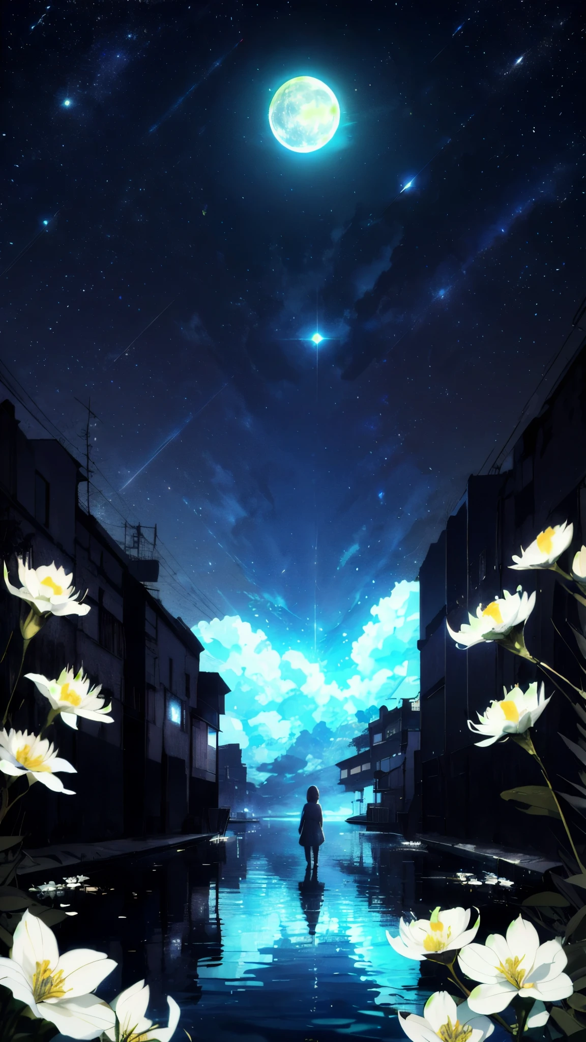 A girl, Solitary, Stand on the water, Reflective surface, , Cat ear, (poster:0.76), (Palm leaves),  White flowers, (Blue light glow:1.2), night, Dark theme, Starry Sky, dream，moonlight