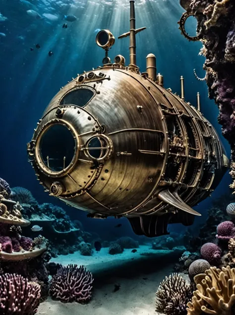 photo focus on nautilus submarine, BugattiAI submarine, underwater, ocean, deep, realistic scenery, steampunk nautilus-style. ve...