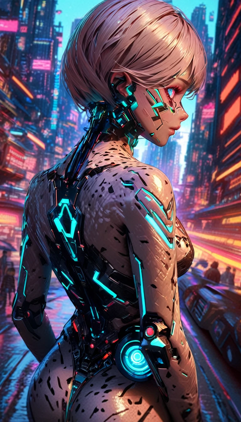 a woman with cybernetic skin that looks like cheetah fur, cowboy shot, back view, cyberpunk, sci-fi, detailed face and eyes, detailed skin texture, intricate machinery, glowing cybernetic implants, neon city background, moody dramatic lighting, dramatic camera angle, highly detailed, 8k, photorealistic