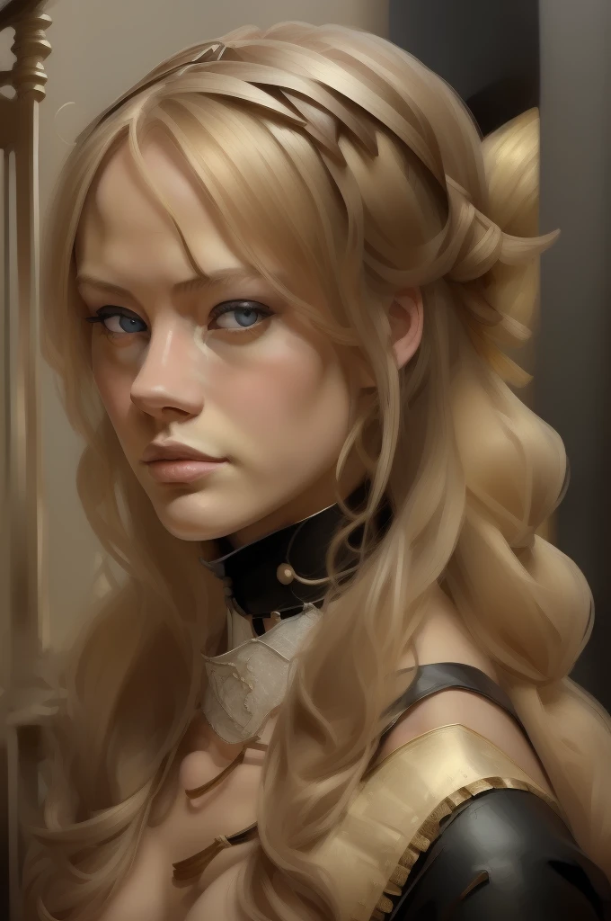 obra de arte, pintura detalhada de Guinwen como uma garota nua,desenho realista, cara bonita, Rosto de Guinwen, olhos lindamente detalhados, muito detalhado, cabelo loiro, cabelo loiro, olhos cinzentos, cintura visível, seios muito grandes, seios naturais, seios flácidos, aréolas enormes, aréolas claras, linha do cabelo, Medieval, Retrato, gaiolas, corpo todo, pescoço de tamanho médio