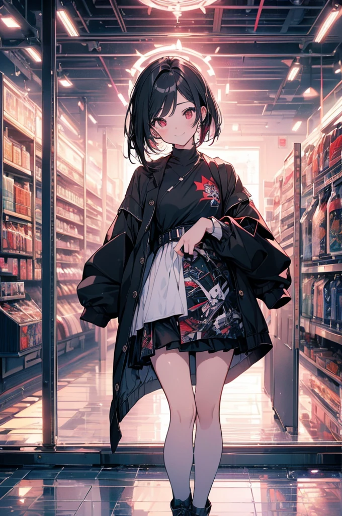 (masterpiece, highest quality, highest quality, (No text), Beautiful and aesthetic:1.2),No text,アニメ、 BREAK,One Girl，Short black hair　Red eyes　Beauty　cool　smile　Black Coat　mini skirt　whole body　Night view