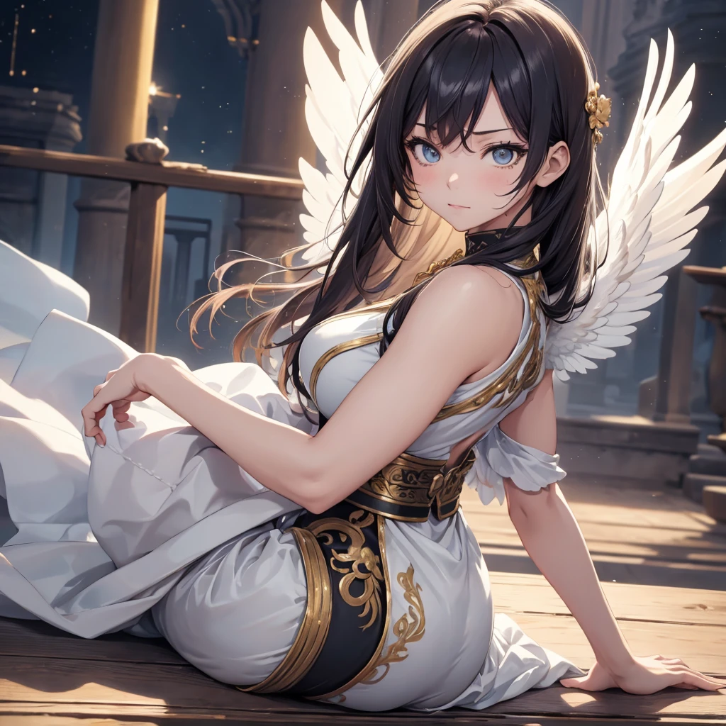 ((On the table, best quality)), Delicate face, Character Design Sheet，whole body, Perfect proportion，Rich in details, Multiple poses and expressions, Very detailed, Martial Arts Girl，1Girl with black wings，Gradient hair color，Golden，Delicate eyes, see through，1 Angel Wings Girl，cloud，High balance, Halo，Natural light，Starlight decoration，Background greek temple