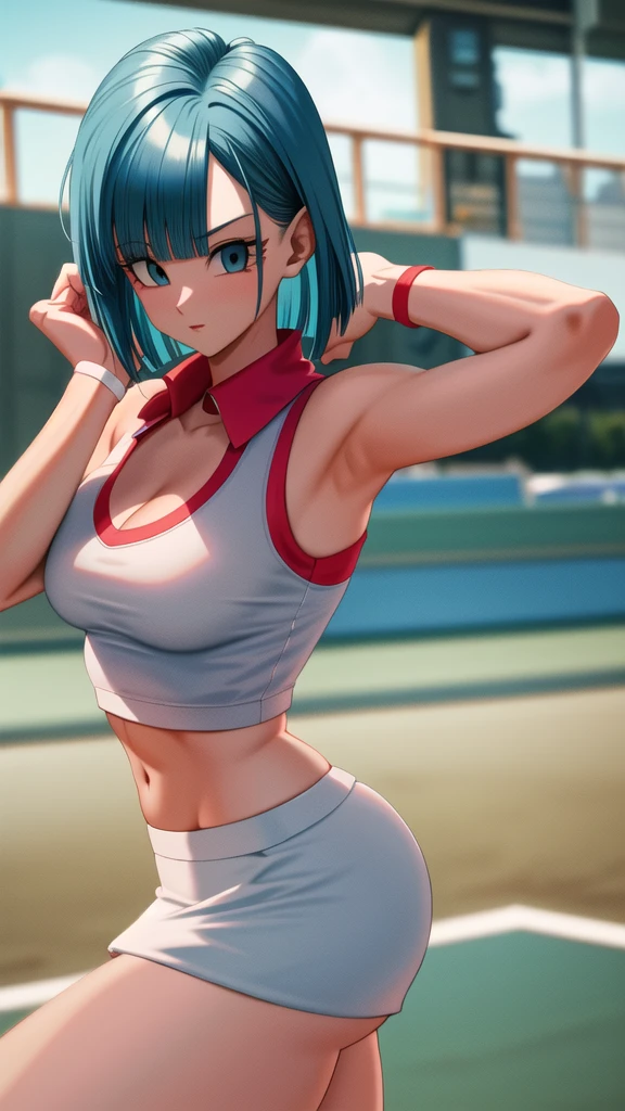 masterpiece, (sexy tennis player outfit), best quality, (blue hair), highres, dragon ball, blmmid, aqua hair, medium hair, blunt bangs, red hair band, huge breasts, at the beach,(tennis court)