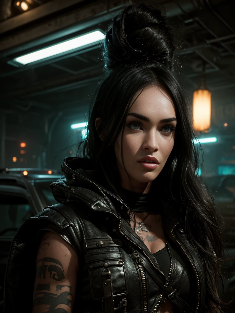 portrait 1 young woman ,science fiction, complex background  punk, mad max , futuristic, post-apocalyptic, dark, dim light, ((masterpiece, best quality, )),megan.fox