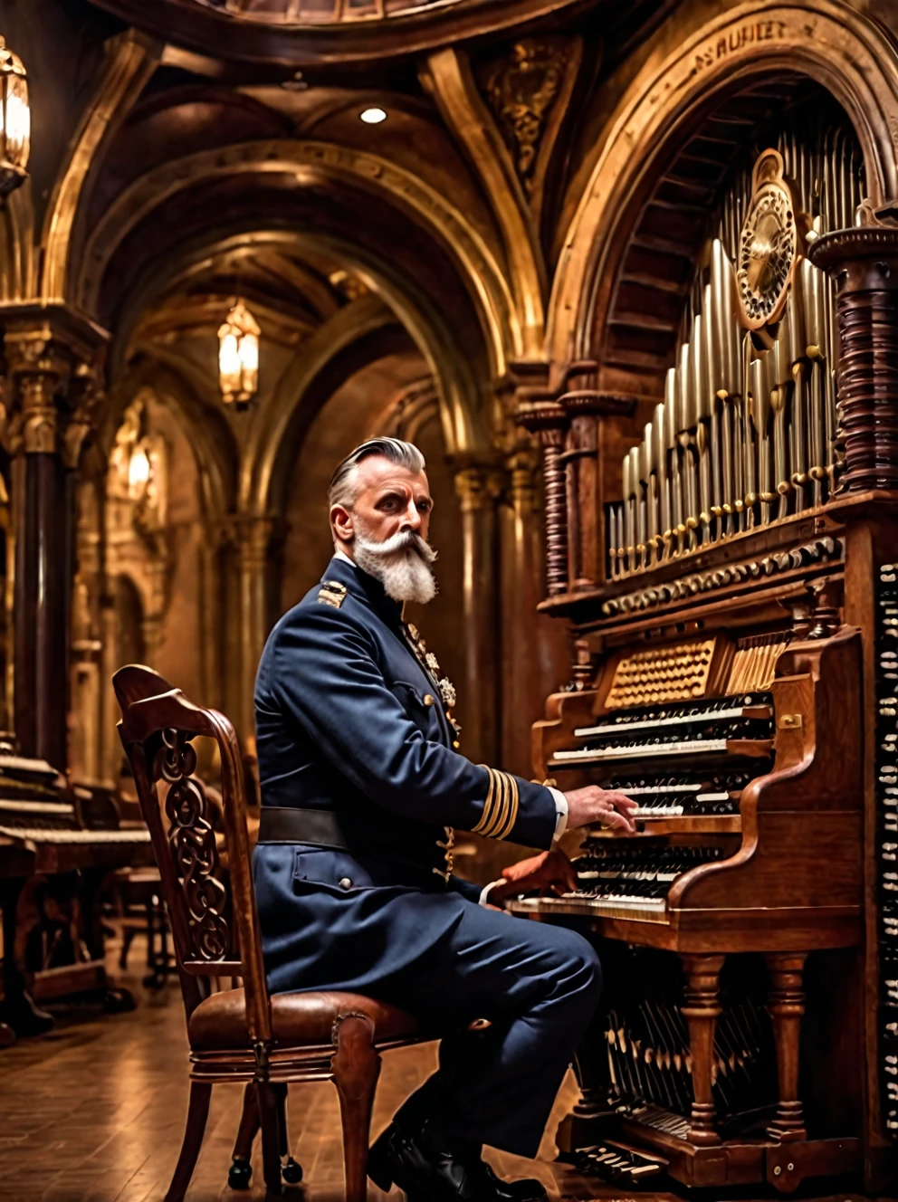 photo focus on male focus, indoors, realistic scenery, (captain nemo:1.1),  playing the organ, pipe organ, music, close-up, arch, chair, loaded military uniform, steampunk nautilus-style. very wide shot, character photo portrait, film, professional, 4k, highly detailed, 