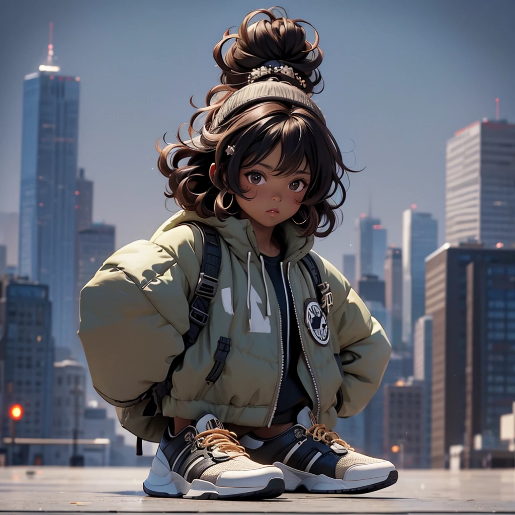 Curly brown hair, bun, dark skin, black eyes, streetwear fashion, smug, fight scene, city, nightime