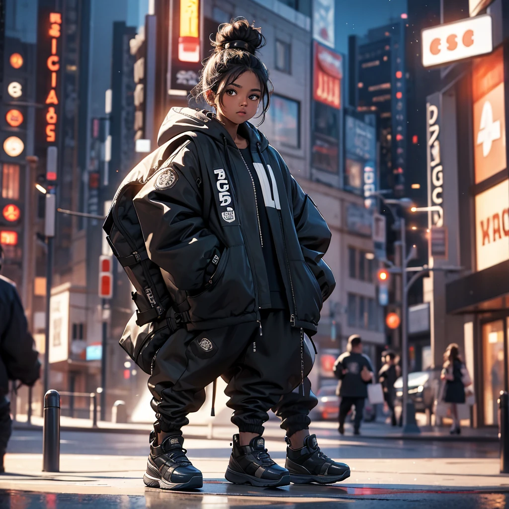 Curly brown hair, bun, dark skin, black eyes, streetwear fashion, smug, fight scene, city, nightime