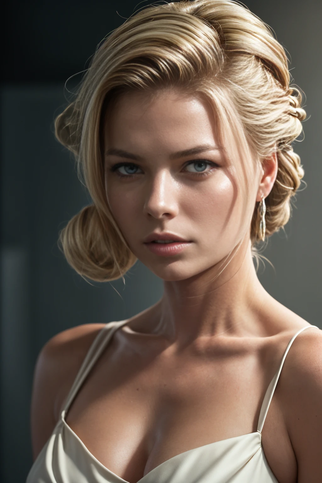 An amazing portrait of a stunning American woman, (40 years old:1.5), tall, voluptuous, hourglass figure, (updo hairstyle:1.5), (blonde:1.5), (face of Rebecca Romijn:1.6), dressed in cute ruched halter dress, detailed eyes, detailed hair, stunning facial feature, sweet smile, Perfect eyes, ultra realistic eyes, perfect face, perfect body, cinematographic, color analog film photo, Realistic hair, ((perfect face)), full photo of a sexy beautiful girl, Photograph, photorealistic, Evocative pose, ((Beau)), pose sexy, (Looking at the viewer), germ of art, cinematographic lighting, very high detail, foggy background, photo on Fujifilm Superia 400, Low light, 32K, cinematographic composition, professional calibrations, Film grain, Atmosphere, Wonderful , very stormy. faded film, desaturated, 35mm photo, grainy, vignette, Old, kodacromo, lomography, colored, Very detailed, Images found, Film grain, photography, photoshoot, cinematographic lighting, volumetric lighting, incredibly detailed, hot, sexy, very attractive, super model, (photorealistic:1.3), (of the highest quality:1.3), (Film grain:1.3), (world's best photography:1.3), (professional Photo:1.3), (detailed details:1.3), (cinematographic light:1.3), (cinematographic color:1.3), maximum depth of field, film photography, (intricate details:1), (hyperdetailed:1), heart-shaped pupils.