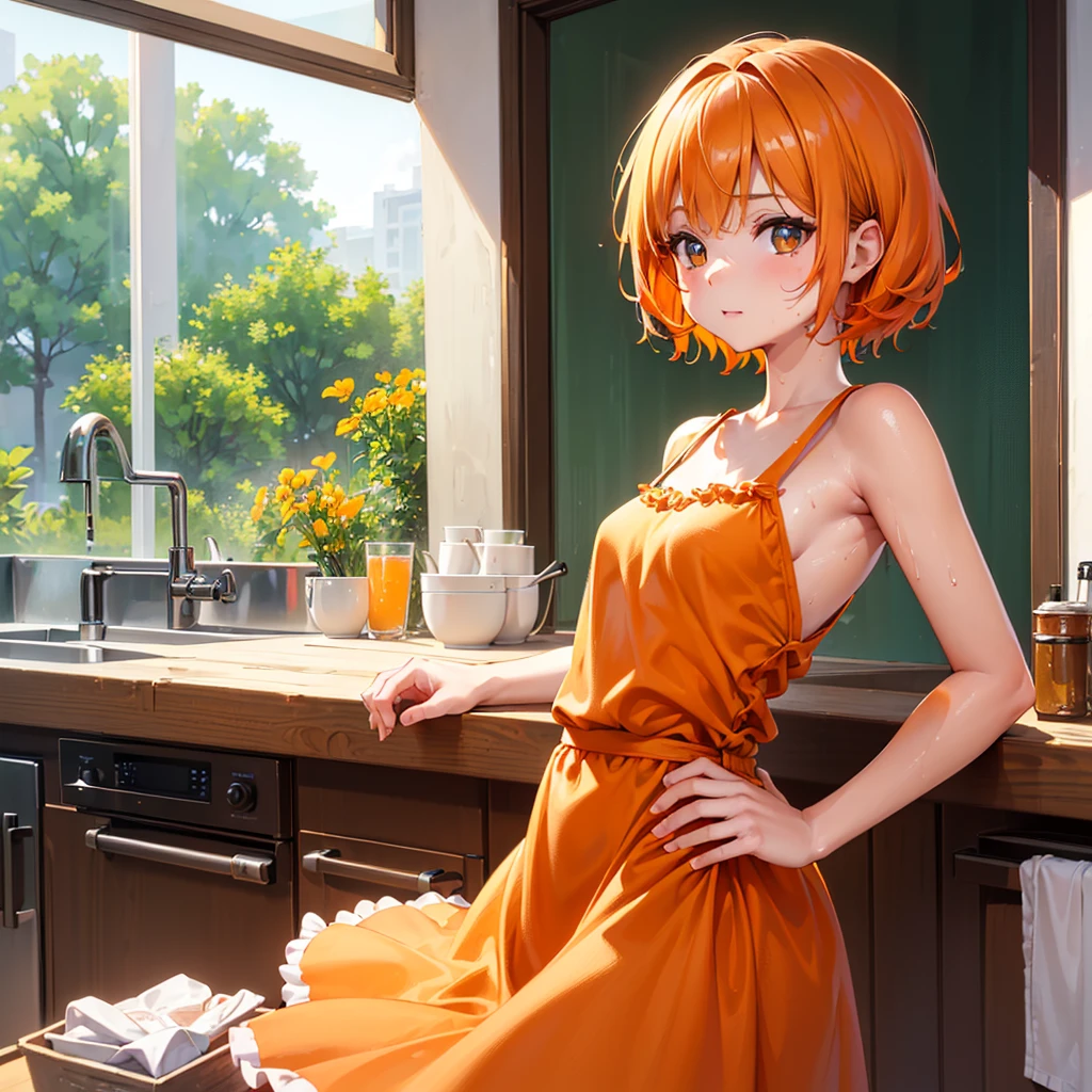 (a baby  girle, kitchen, sunny day, orange sundress, RAW, UHD, 8K, close up portrait:19.16, head, highly detailed face, stunning eyes, orange short hair, back towards camera, wet clothes, vibrant colors, warm sunlight)